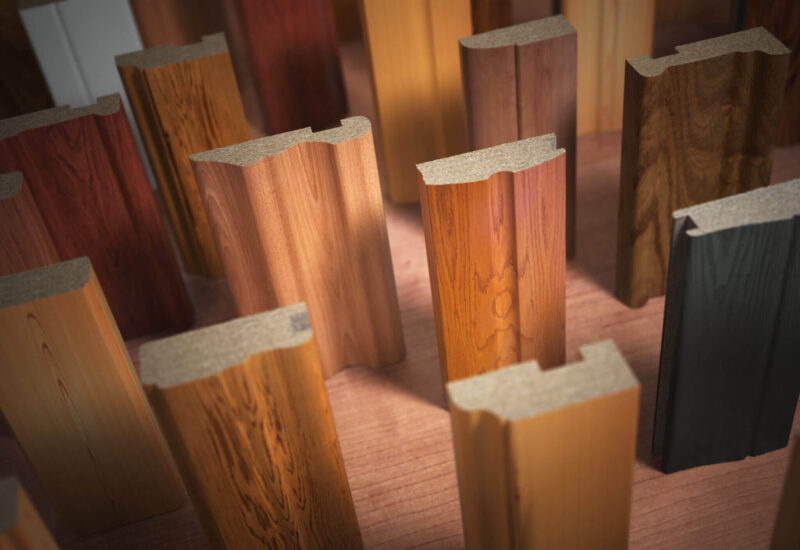 Samples of wooden furniture MDF profiles, Different medium density fiberboards. 3d illustration