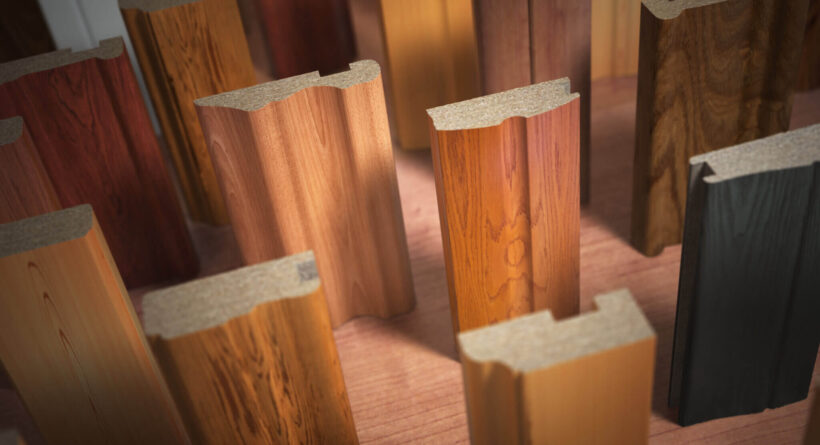 Samples of wooden furniture MDF profiles, Different medium density fiberboards. 3d illustration